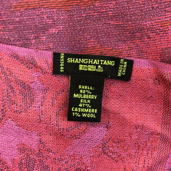 Shanghai Tang Pink Purple Floral Mulberry Silk Cashmere Wool Scarf Fringed Hem - Picture 2 of 6